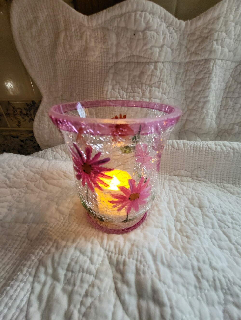 Hand-Painted Pink Floral Crackle Glass Vase - Picture 10 of 12